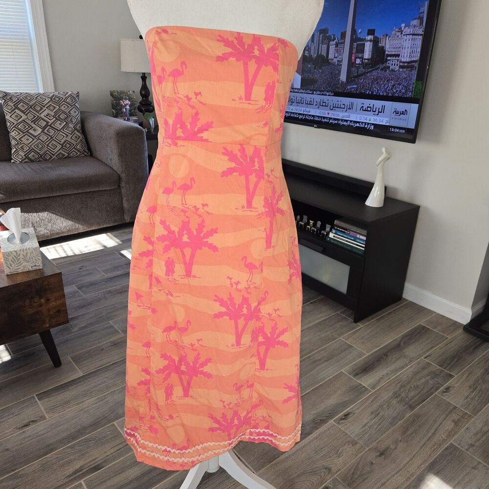 Lilly Pulitzer Vintage Strapless Dress Sz 8 Orange Pink Flamingo Palm Tie Back - Picture 2 of 8